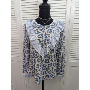 Goldie Lewinter Blouse Women L Pima Ruffle Cottage Blue White Floral Boho V-Top